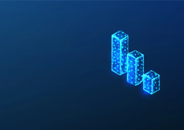 A glowing, neon blue digital representation of three-dimensional bar graphs on a dark blue background, symbolizing business empowerment through digital transformation.