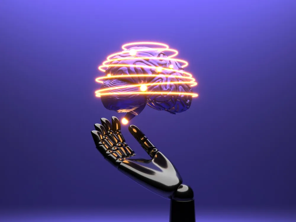 A robotic hand holding a glowing wireframe brain against a purple background, symbolizing DIDITRA Digital Transformation Agency's services in AI and Machine Learning Solutions.